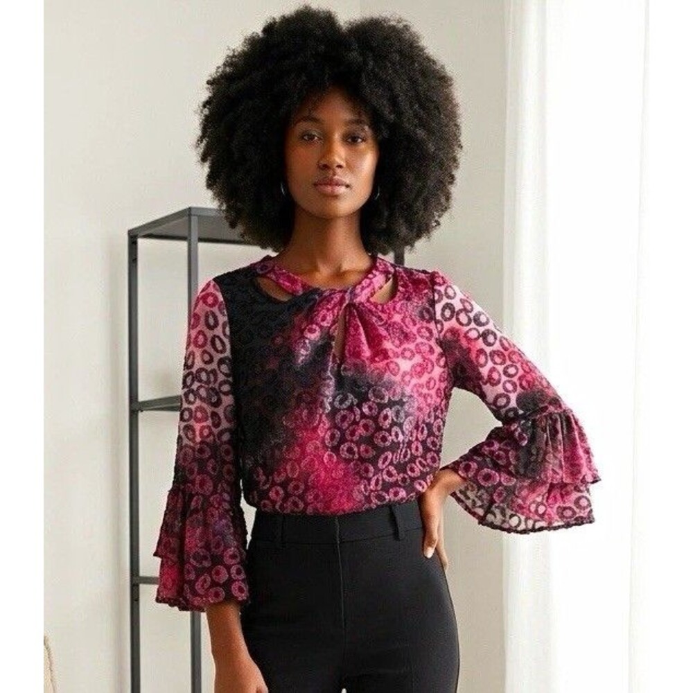 Ruby Rd. Pink Black Animal Print Ruffle Round Neck 3/4 Bell Sleeve Blouse PS